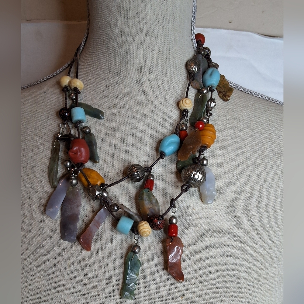Artisan Handcrafted Double Strand Festival Necklace In Agate And Jaspers - Picture 2 of 13